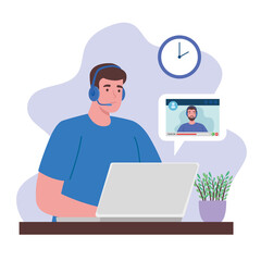 Fototapeta na wymiar telework, man working from home in video conference with teamwork vector illustration design