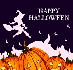 
stylized Halloween poster design. Image of the silhouette of a witch on a broomstick with bats over emotional pumpkins . Perfect for postcards, flyers, invitations. EPS10