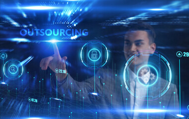 Business, Technology, Internet and network concept. Young businessman working on a virtual screen...