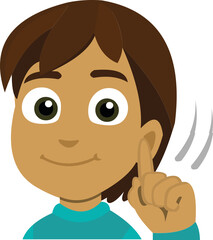 Vector emoticon illustration of a boy pointing up