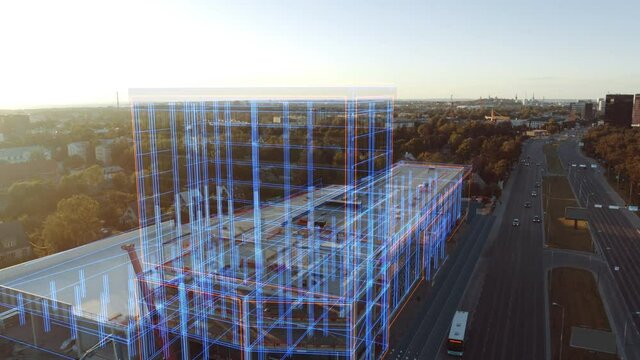 Aerial Drone Footage with VFX Concept: Building Construction Site Becomes Finished Project with 3D Graphics Animation Effects. Visualization, Digitalization of Design, Development of Futuristic City