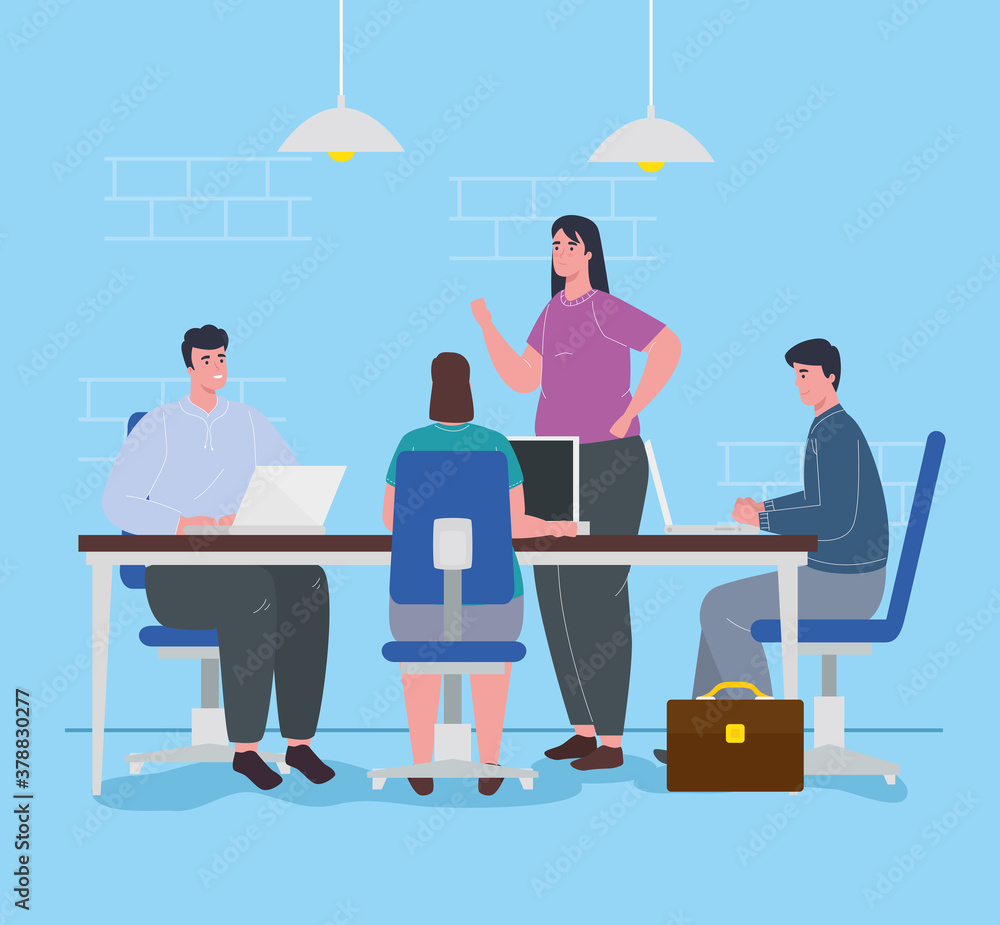 Wall mural coworking space, young people in big desk, team working concept vector illustration design