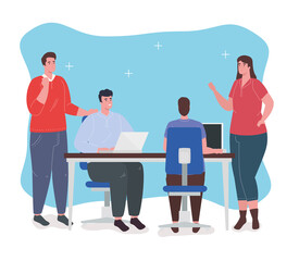coworking space, young people in big desk, team working concept vector illustration design