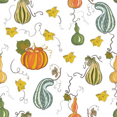 Seamless vector pattern with colorful pumpkins in hand drawn style. 