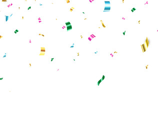 Confetti color falling on white background. Bright colorful festive tinsel. Party backdrop. Shiny confetti. Holiday design elements for web banner, poster, flyer, invitation. Vector illustration