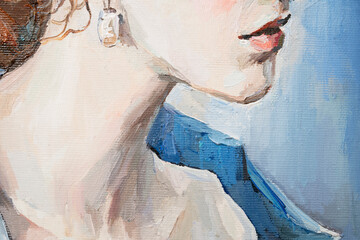 Macro. Fragment of oil painting. Lips. Portrait of a girl. Art.