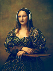 Music. Young woman as Mona Lisa, La Gioconda isolated on dark green background. Retro style, comparison of eras concept. Beautiful female model like classic historical character, old-fashioned.