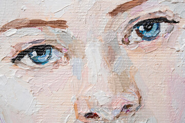 Young girl with beautiful mysterious blue eyes.Textured art. Fragment of oil painting.