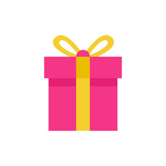 Bright pink gift box with yellow bow. Christmas present icon. Holiday ornament. Party card. Vector illustration