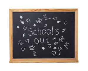 Obraz premium Blackboard with words School's Out and pictures isolated on white. Summer holidays