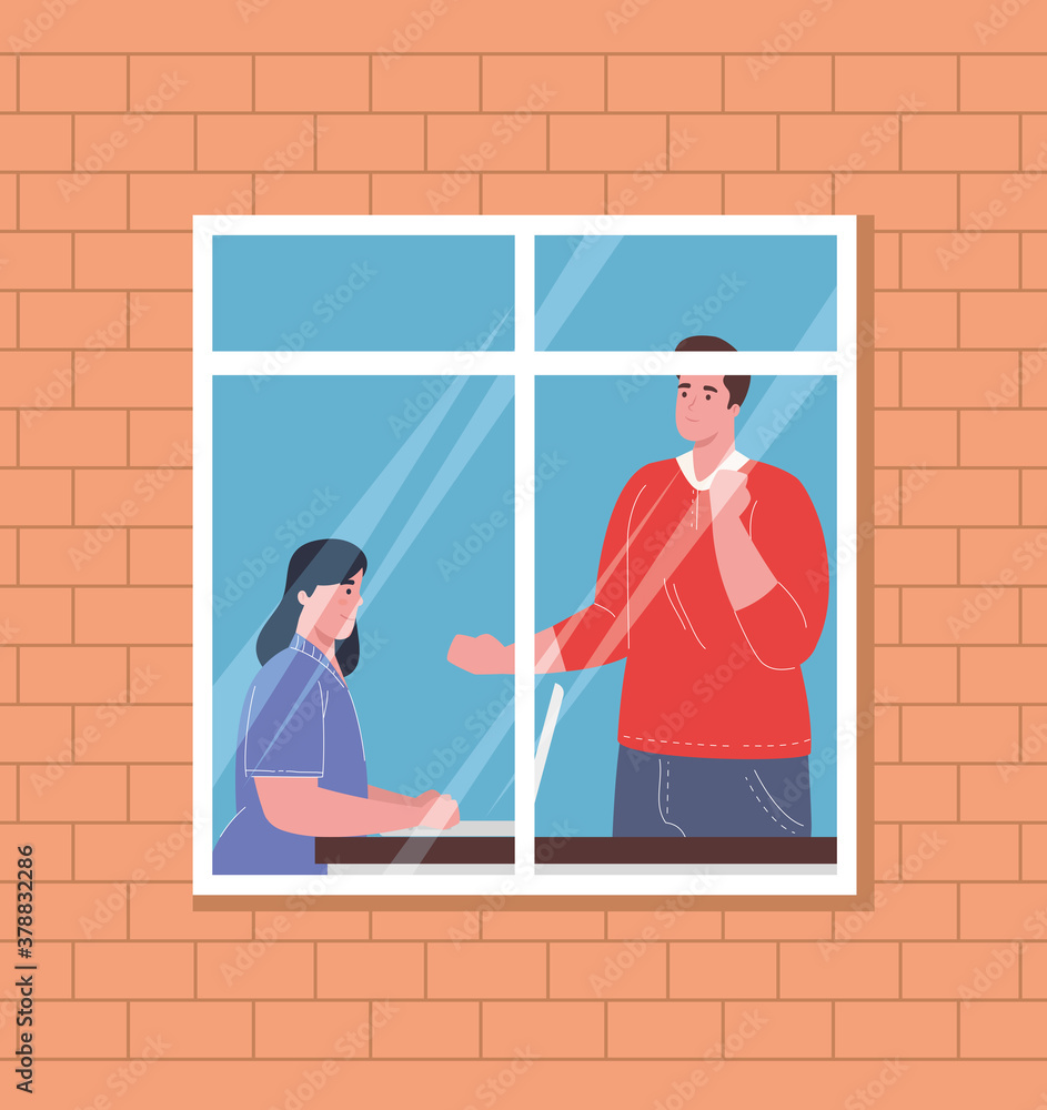 Wall mural coworking space inside window, couple team working vector illustration design