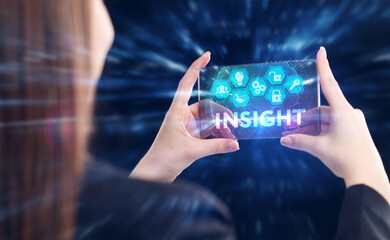 Business, Technology, Internet and network concept. Young businessman working on a virtual screen of the future and sees the inscription: Insight