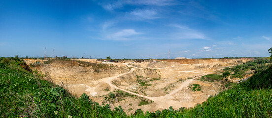 Taranukhin limestone quarry (Veselenskoye limestone-shell rock deposit). Panoramic picture.