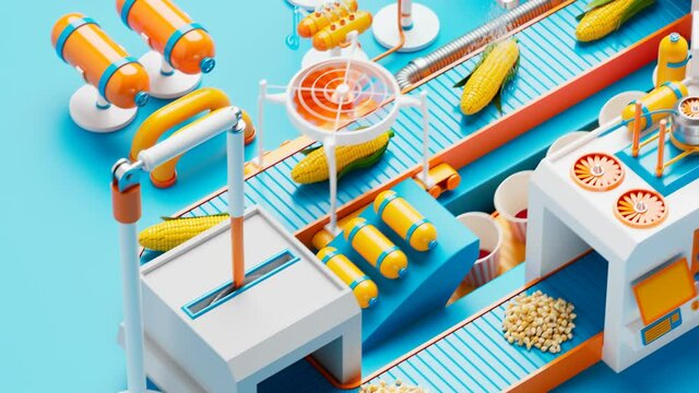 Funny concept of the popcorn preparation process. From corn on the cob to box.