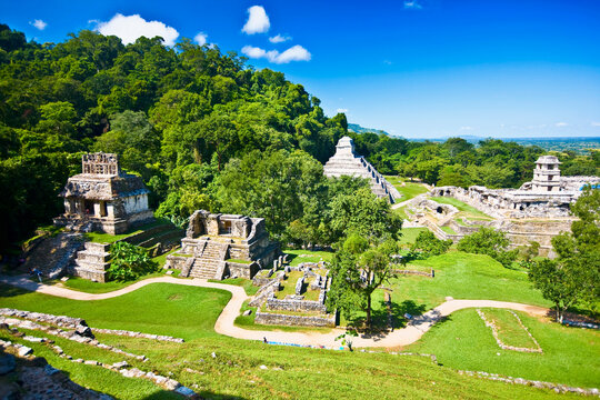 High angle view of old ruins of buildings on a landscape, Tonina, Ocosingo, Chiapas, Mexico