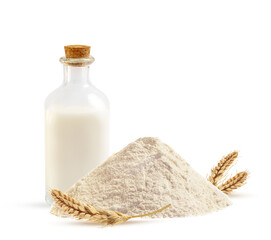 glass milk bottle with milk and wheat flour on white background