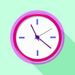 Clock icon, pink and crimson clock on a blue background. Vector illustration of a flat design with a long shadow.