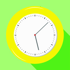 Clock icon, yellow clock on a green background. Vector illustration of a flat design with a long shadow.