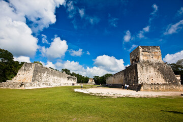 Old ruins of buildings on a landscape, Ball Court Ring, Chichen Itza, Yucatan, Mexico