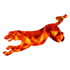  silhouette of tiger in Low poly style in a jump on a white background