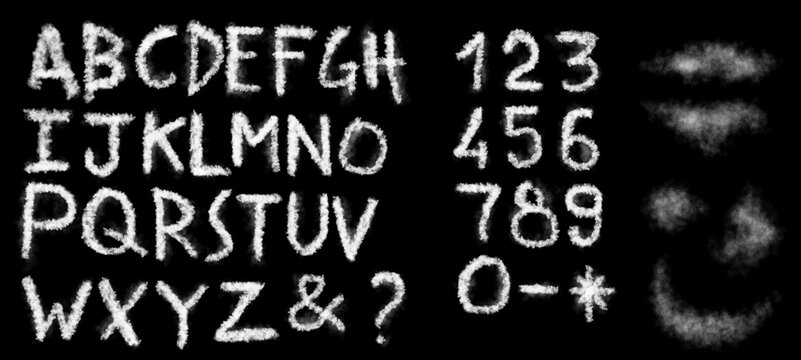 The English alphabet and numbers from smoke on black background.