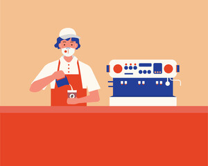 Vector graphic of barista which working and do not forget to protect his health by wearing a mask in public shop.
