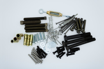 Set of different types of screws, with drop head, square, dowels, tensioners and other construction...