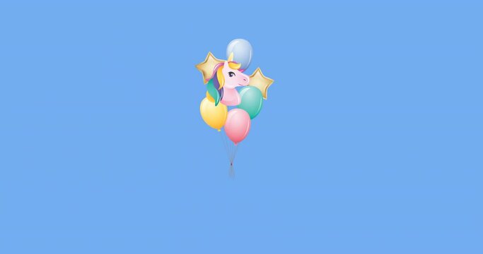 Unicorn face shaped balloons flying against blue background
