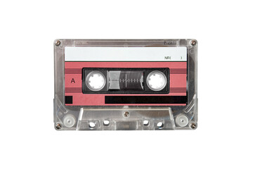 Close up of retro music audio tape cassette isolated on white background