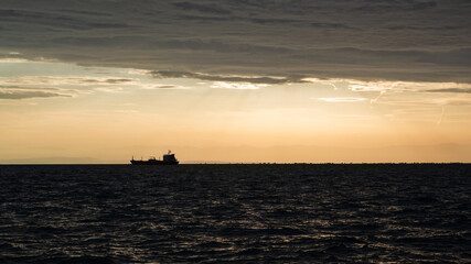 Ship silhouette at sunset in Thessaloniki