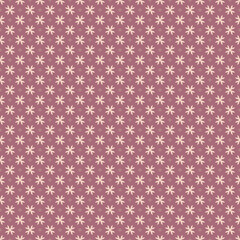 Vector geometric floral pattern. Subtle seamless texture. Abstract ornament with small flower shapes, crosses, tiny diamonds. Simple background in dark pink color. Elegant design for decor, fabric