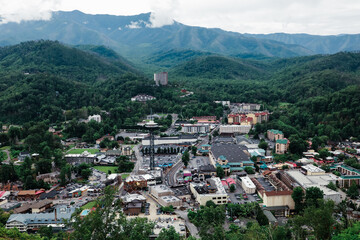 Fototapeta na wymiar A high angle aerial view of Gatlinburg Tennessee and the Great Smoky Mountains