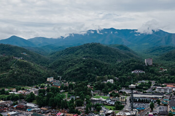 A high angle aerial view of Gatlinburg Tennessee and the Great Smoky Mountains