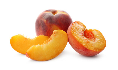 Whole and cut ripe peaches isolated on white