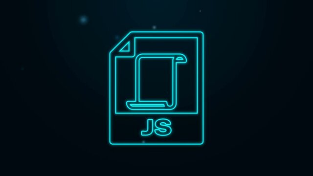 Glowing neon line JS file document. Download js button icon isolated on black background. JS file symbol. 4K Video motion graphic animation.
