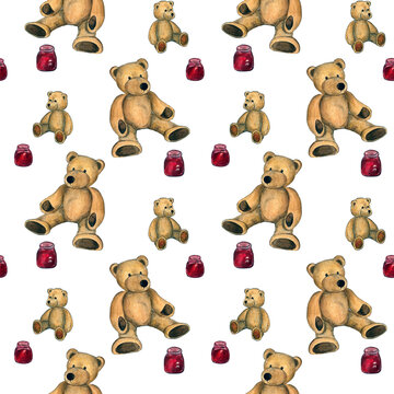 Two cute plush bears are having a picnic with jam jars. Seamless pattern, watercolor illustration on a white isolated background. 