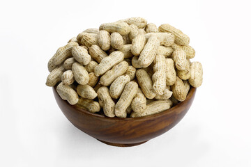 Peanuts in wooden bowl in white background.