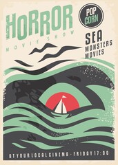 Sea monster theme cinema movie in retro style. Vector vintage image. © lukeruk
