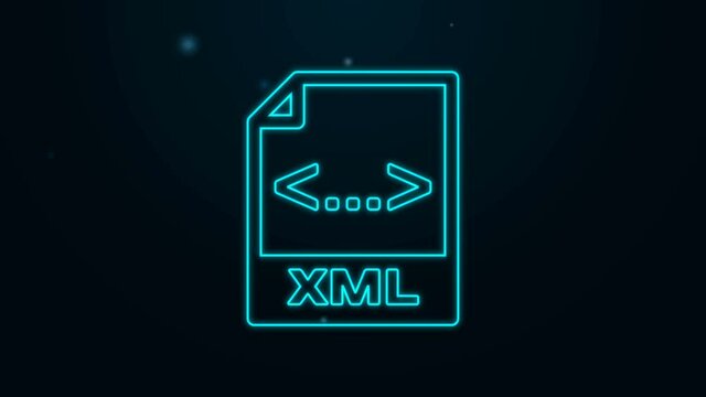 Glowing neon line XML file document. Download xml button icon isolated on black background. XML file symbol. 4K Video motion graphic animation.