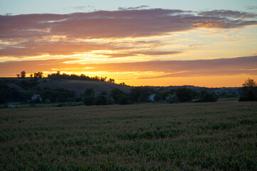 Sunset over fields in the countryside