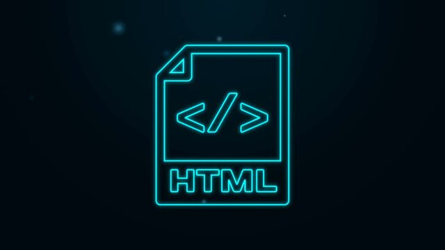 Glowing neon line HTML file document. Download html button icon isolated on black background. HTML file symbol. Markup language symbol. 4K Video motion graphic animation.