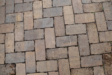 Close up of a brown cobblestone brick type pathway or driveway