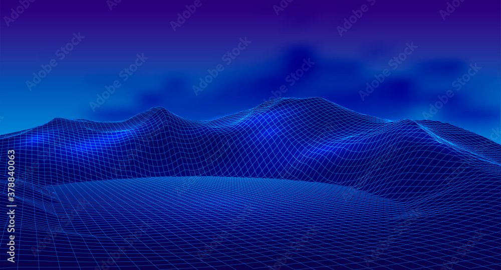 Aufkleber abstract digital polygonal wireframe landscape. blue mesh illustration on dark background. digital p