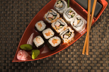 Close-up of various sushi in a plate