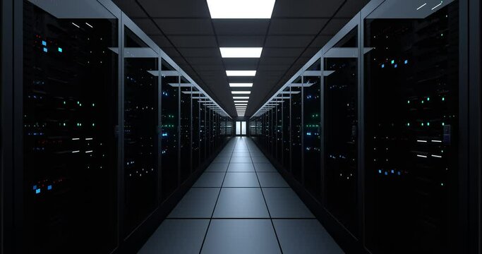 Black Server Room in modern data center. Cloud computing data storage 3d rendering. Digitalization of Information. Animation of Moving Cloud Network of Future Technology in Server Room.