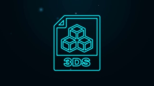 Glowing neon line 3DS file document. Download 3ds button icon isolated on black background. 3DS file symbol. 4K Video motion graphic animation.
