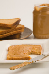 Peanut butter jar with bread slices