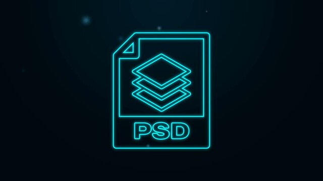 Glowing neon line PSD file document. Download psd button icon isolated on black background. PSD file symbol. 4K Video motion graphic animation.