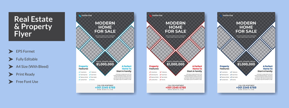 Abstract Real Estate Property Flyer with color variation, A4 with Bleed, Print Ready, EPS formet, Editable. 