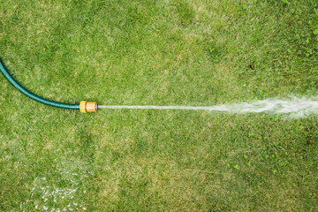 hose with water jet/hose with water jet on the green grass. Top view.